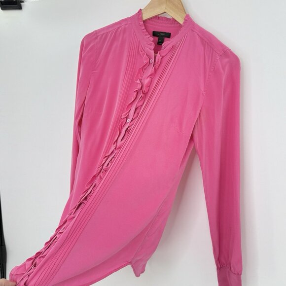 J.Crew Ruffle Silk Button-Up Bright Pink Blouse Size 4T Boho Preppy See Photos - Picture 4 of 12